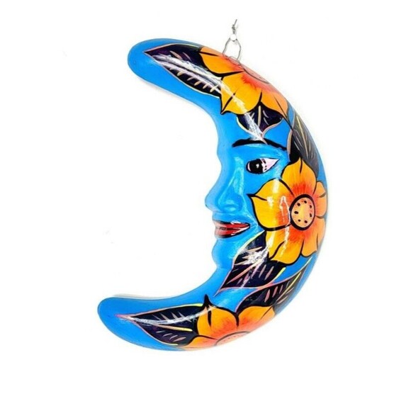 Vintage Mexican Clay Folk Art Celestial Floral Moon Face Wall Hanging - Picture 5 of 5